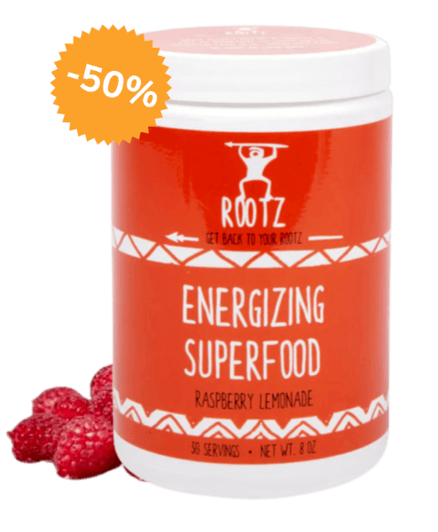Rootz Energizing Superfood Raspberry Lemonade powder supplement with fresh raspberries and -50% discount label on container