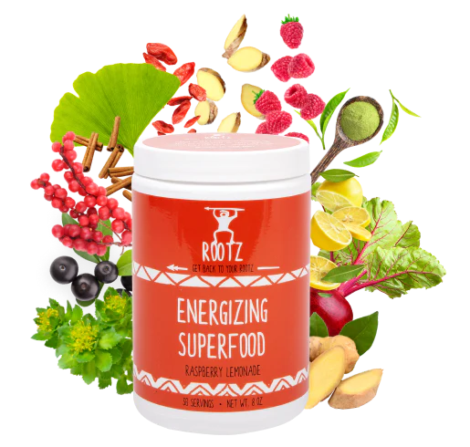 Rootz Energizing Superfood raspberry lemonade powder surrounded by natural ingredients including ginkgo biloba, matcha, raspberries, beetroot, turmeric, ginger, and other superfoods