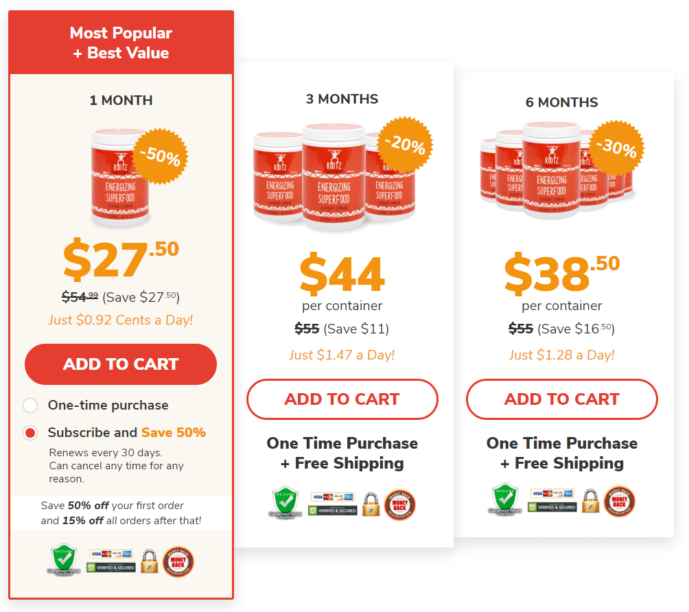 Rootz Energizing Superfood pricing options with 1 tub at $27.50, 3 tubs at $44 each, and 6 tubs at $38.50 each, including subscription savings, free shipping, and 30-day money-back guarantee