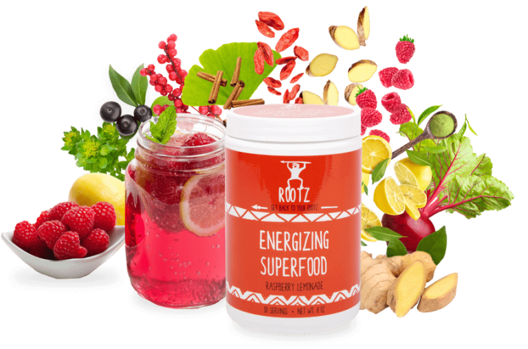 Rootz Energizing Superfood Raspberry Lemonade with natural ingredients including ginger, beetroot, lemon, raspberries, and plant-based superfoods